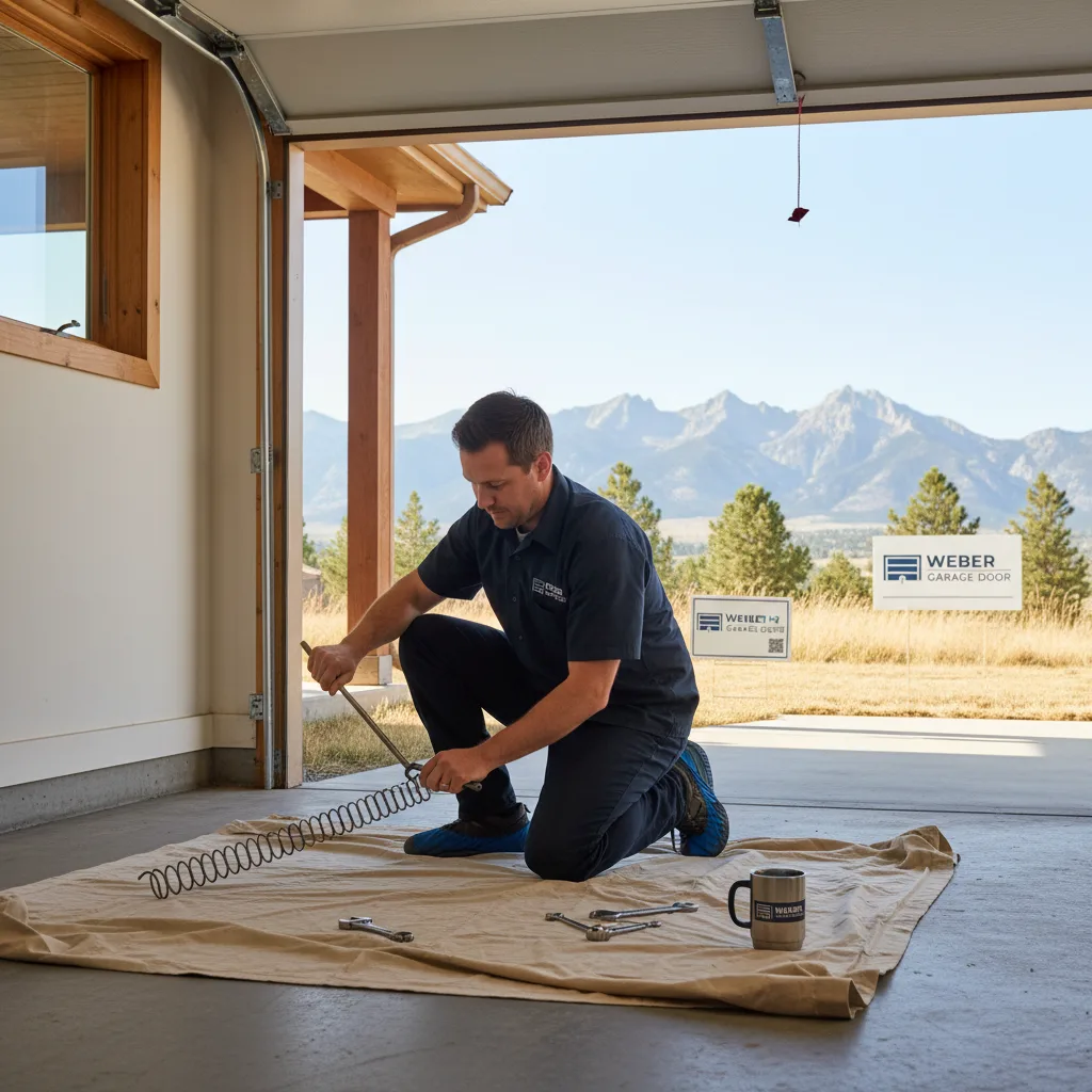 Technician repairing a LiftMaster garage door opener in Ogden