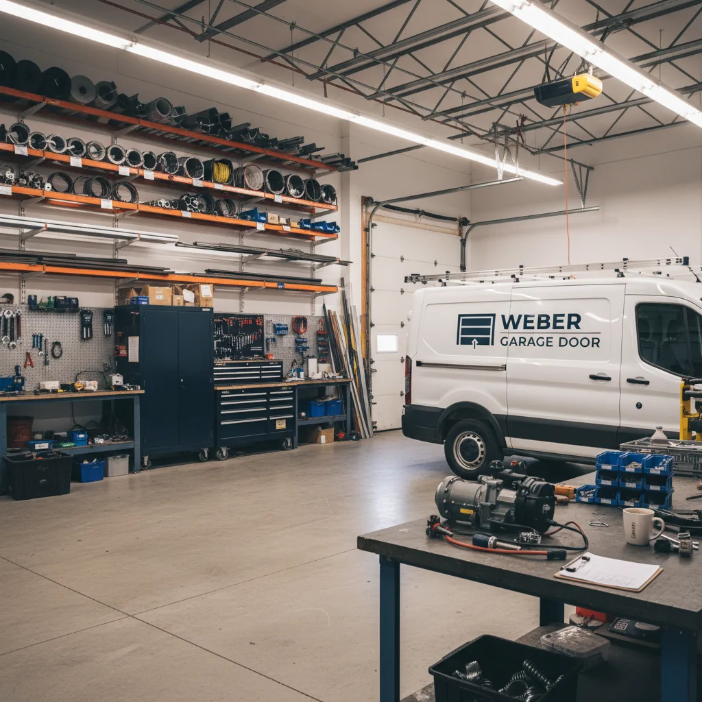 Weber Garage Door shop with opener parts and tools